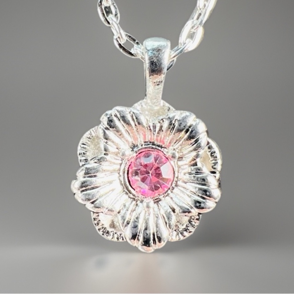 Silvertone Pink Stone Flower Pendant Necklace